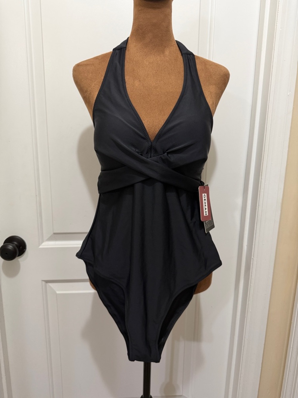 NWT Sleek Black Halter Twist-Front One-Piece Swimsuit “Old Hollywood” style